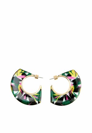 Colorful hoop earrings made from glossy material, featuring a geometric floral pattern in yellow, pink, and green with gold accents.