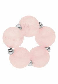 Runde, matte rosa Perlen, die durch metallische Akzente verbunden sind. Das Design bildet eine kreisförmige Form mit glatter Textur und subtilen Farbvariationen.
