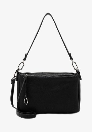 Sac en cuir noir à bandoulière avec surface texturée, forme rectangulaire, fermeture zippée sur le dessus et bandoulière ajustable, avec des accessoires en métal argenté.