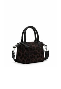 Brown leopard-print handbag with black leather accents, dual top handles, detachable shoulder strap, and a structured shape.