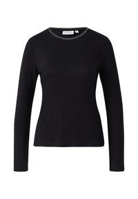 Schwarzes Langarmshirt mit rundem Ausschnitt, das mit einem subtilen metallischen Rand versehen ist. Der Stoff wirkt glatt und körperbetont.