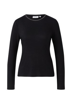 Schwarzes Langarmshirt mit rundem Ausschnitt, das mit einem subtilen metallischen Rand versehen ist. Der Stoff wirkt glatt und körperbetont.