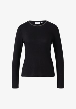 Schwarzes Langarmshirt mit rundem Ausschnitt, das mit einem subtilen metallischen Rand versehen ist. Der Stoff wirkt glatt und körperbetont.