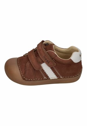 Brown toddler shoe with white side stripes, two Velcro straps, and rubber sole, designed for easy wear and comfort.