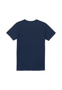 Marineblaue Baumwoll-T-Shirt mit kurzen Ärmeln, Rundhals-Ausschnitt und glatter Textur; von hinten präsentiert, ohne sichtbare Logos oder Muster.