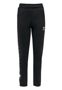 Schwarze Sweatpants mit schmalem Schnitt, aus weichem Stoff hergestellt, mit Seitentaschen und einem Logo auf der Vorderseite. Mit einem geometrischen Muster an der Seite akzentuiert.