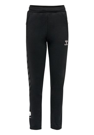 Schwarze Sweatpants mit schmalem Schnitt, aus weichem Stoff hergestellt, mit Seitentaschen und einem Logo auf der Vorderseite. Mit einem geometrischen Muster an der Seite akzentuiert.