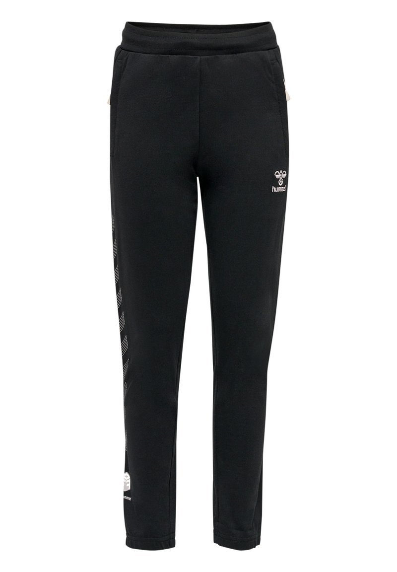 Schwarze Sweatpants mit schmalem Schnitt, aus weichem Stoff hergestellt, mit Seitentaschen und einem Logo auf der Vorderseite. Mit einem geometrischen Muster an der Seite akzentuiert.