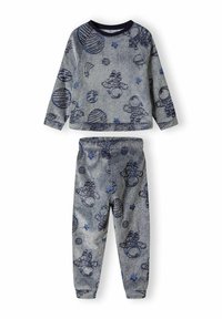 Grey fleece pajama set featuring a long-sleeve top and matching pants, with space-themed patterns in dark blue and small star accents.