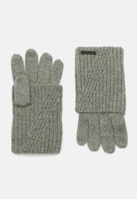 Guanti grigi lavorati a maglia, con texture a coste, design a cinque dita e polsino. Include un'etichetta con il marchio.