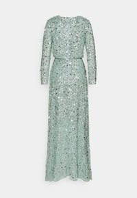 Dlouhé mintově zelené šaty s dlouhými rukávy, s přiléhavým pasem, se zdobeními z flitrů a zipovým uzávěrem na zádech. Hladká, splývavá látka.