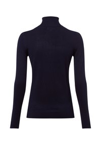 Marineblauer Rollkragenpullover, taillierte Passform, leichtes Strickmaterial, lange Ärmel, gerippte Bündchen und Kragen, nahtloser Rücken.