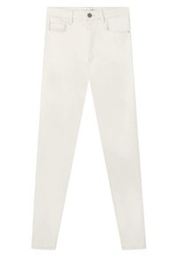 Jeans ajustados blancos de denim, con cierre de botón estándar, diseño de cinco bolsillos y detalles de costura limpios y mínimos.