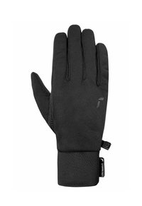 Schwarze thermische Handschuhe mit einer glatten Außenseite, strukturiertem Handfläche und elastischem Bündchen. Verfügt über ein Logo und einen verstellbaren Clip für einen sicheren Sitz.