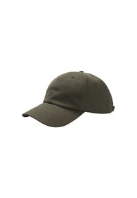 Oliven grøn bomulds-baseballcap med en buet skygge, der har seks ventilationshuller og et lille broderet logo på forsiden.