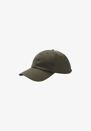 Gorra de béisbol de algodón verde oliva con visera curva, que cuenta con seis orificios de ventilación y un pequeño logo bordado en la parte frontal.