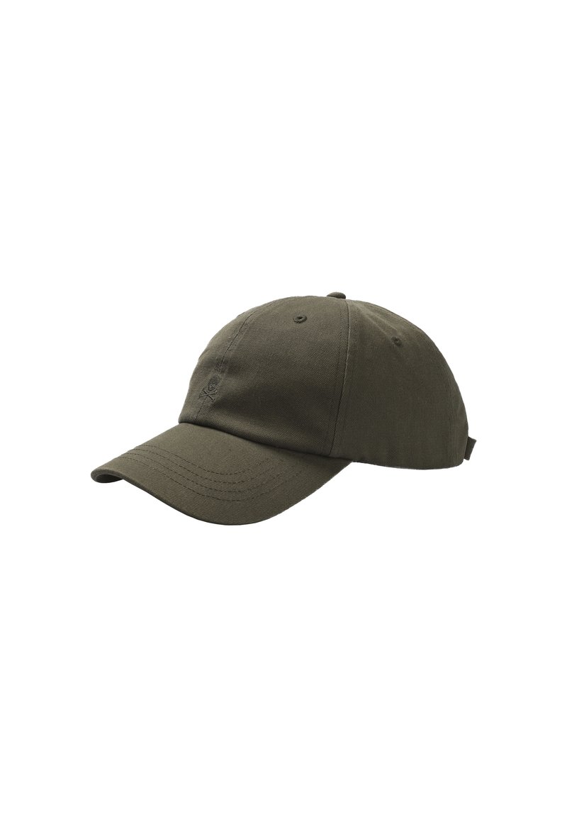 Oliven grøn bomulds-baseballcap med en buet skygge, der har seks ventilationshuller og et lille broderet logo på forsiden.