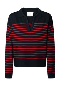 Pull en maille bleu marine avec des rayures horizontales rouges, manches longues, poignets côtelés, ourlet et col en V.