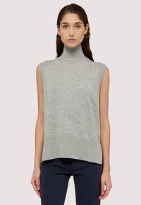 Pull sans manches gris clair à col roulé en maille douce avec texture côtelée à l'ourlet. Caractérisé par un col haut et une coupe décontractée.