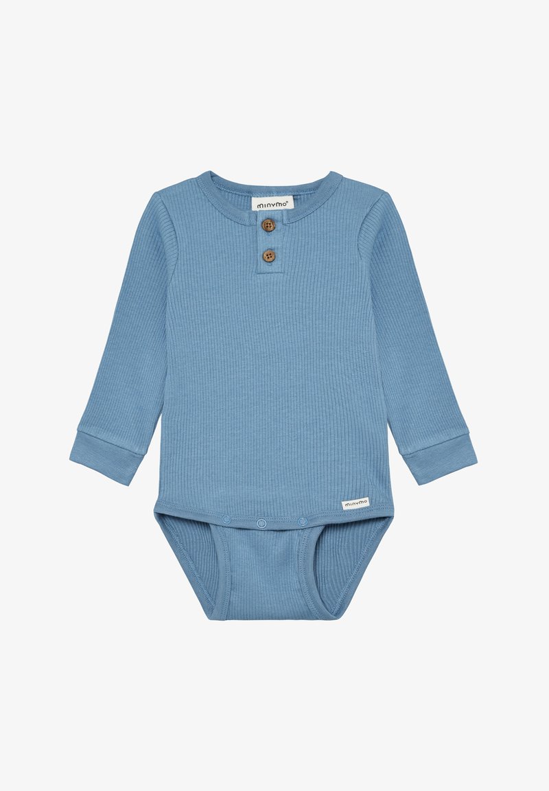 Body bleu clair côtelé à manches longues, encolure ronde, deux boutons en bois au col, et fermetures à pression au bas.