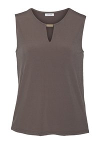 Sleeveless gray top made from smooth fabric. Features a round neckline with a small keyhole detail, and a subtle sheen throughout.