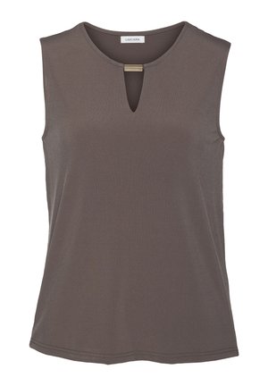 Sleeveless gray top made from smooth fabric. Features a round neckline with a small keyhole detail, and a subtle sheen throughout.