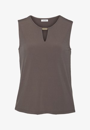 Sleeveless gray top made from smooth fabric. Features a round neckline with a small keyhole detail, and a subtle sheen throughout.