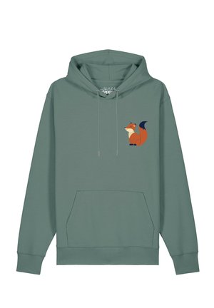 Grüner Hoodie mit Fronttasche und kleinem orangefarbenem Fuchs-Motiv auf der linken Brust, mit Kordeln an der Kapuze.