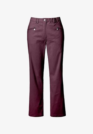 Pantaloni bordeaux con design a gamba diritta, realizzati in un tessuto liscio e resistente. Presentano due tasche laterali con zip e una chiusura a bottone.