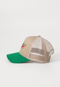 Beige teherautó sapka zöld karimával, hálós háttal, és hímzett logóval, amely piros, zöld és sárga elemeket tartalmaz.
