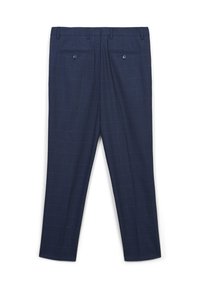 Marineblaue maßgeschneiderte Hose mit subtilen Fensterruitenmuster, Gürtelschlaufen und zwei hinteren knöpfbaren Gesäßtaschen.