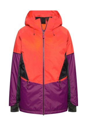 Giacca dai colori vivaci con una combinazione di materiali rossi, viola e neri. Include un cappuccio, cerniere e polsini elastici.