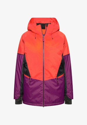 Jasně barevná bunda kombinující červené, fialové a černé materiály. Obsahuje kapuci, zipy a elastické manžety.