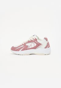 Pink and white athletic shoe featuring mesh and suede material, a cushioned sole, and a modern design with angular accents.