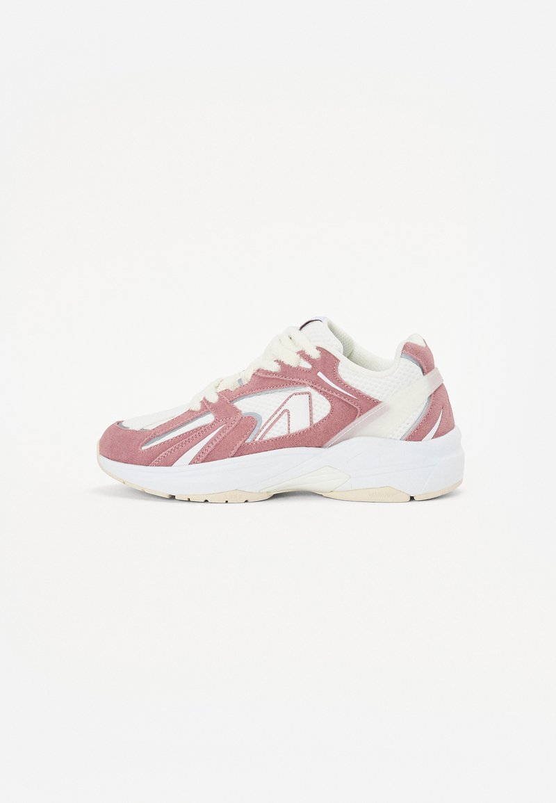 Pink and white athletic shoe featuring mesh and suede material, a cushioned sole, and a modern design with angular accents.