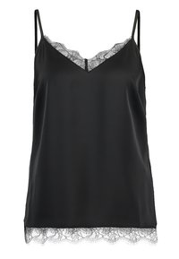 Camisole en satin noir avec des bretelles réglables, décolleté en V et délicat strass de dentelle noire le long de l'ourlet et du décolleté. Texture lisse.