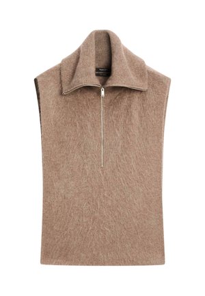 Beige strikket vest med høj krave og lynlås foran. Har et blødt, tekstureret stof og et oversized, ærmeløst design.