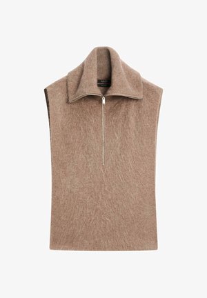 Beige pletená vesta s vysokým límcem a předním zipem. Má měkkou, texturovanou látku a oversize bezrukávový design.