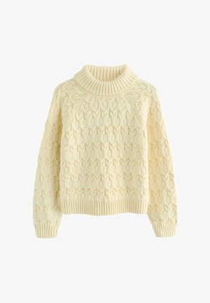 Kremfarbener Strickpullover mit Zopfmuster, geripptem hohem Kragen, Bündchen und Saum, dargestellt auf weißem Hintergrund.