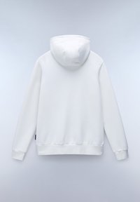 Witte hoodie van zachte, katoenmix stof. Voorzien van een capuchon met trekkoord, ribbelmouwen en -zoom, met een gladde textuur en geen zichtbare patronen.