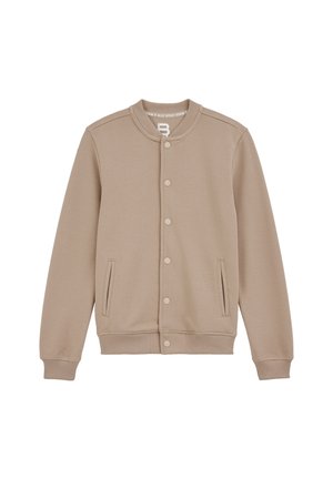 Beige knap-oppet bomberjakke med ribbet krave, manchetter og kant, der har to frontlommer.