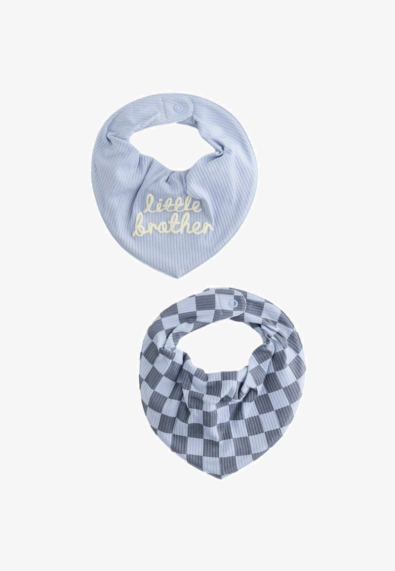 Two bandana bibs: one light blue with ribbed texture and "little brother" text; one gray with alternating checkered patterns. Both have snap closures.