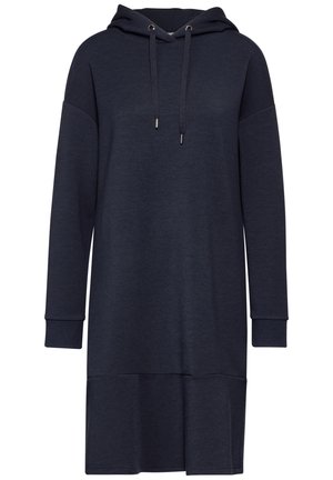 Robe à capuche bleu marine foncé à manches longues avec cordon à la capuche et poignets côtelés, avec un détail de ourlet à couches superposées.