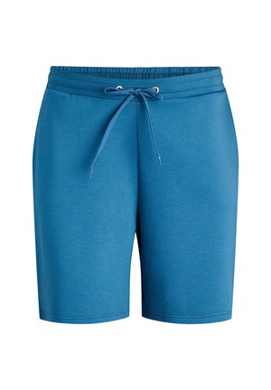 Pantalones cortos de mezcla de algodón azul con cintura elástica, cordón ajustable y diseño de pierna recta. Textura suave, sin estampados ni adornos.