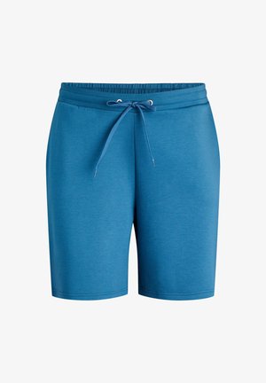 Blauwe korte broek van een katoenmix met een elastische tailleband, verstelbare trekkoord en rechtlopende pijpen. Soepele textuur, zonder patronen of accenten.