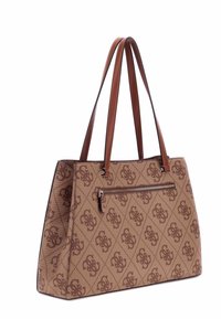 Bruine gestructureerde totebag met een patroon, voorzien van leren handvatten en een voorvak met rits.