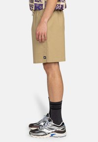 Pantalones cortos color beige hechos de tejido ligero, con un diseño simple, bolsillos laterales y una banda elástica en la cintura. Llevados con calcetines y zapatos negros.