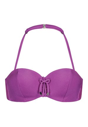 Top bikini viola con texture a coste, spalline regolabili e dettaglio con nodo davanti. Presenta accessori metallici e coppe sagomate per supporto.