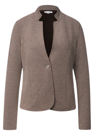 Textured brown blazer with a pointed collar, single button closure, and long sleeves. Smooth interior lining and tailored fit.