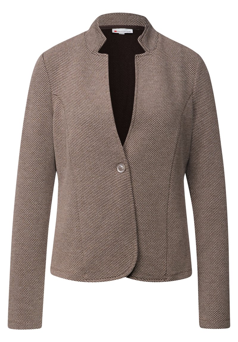 Blazer en cuir texturé brun avec un col pointu, fermeture à un bouton, et manches longues. Doublure intérieure lisse et coupe ajustée.
